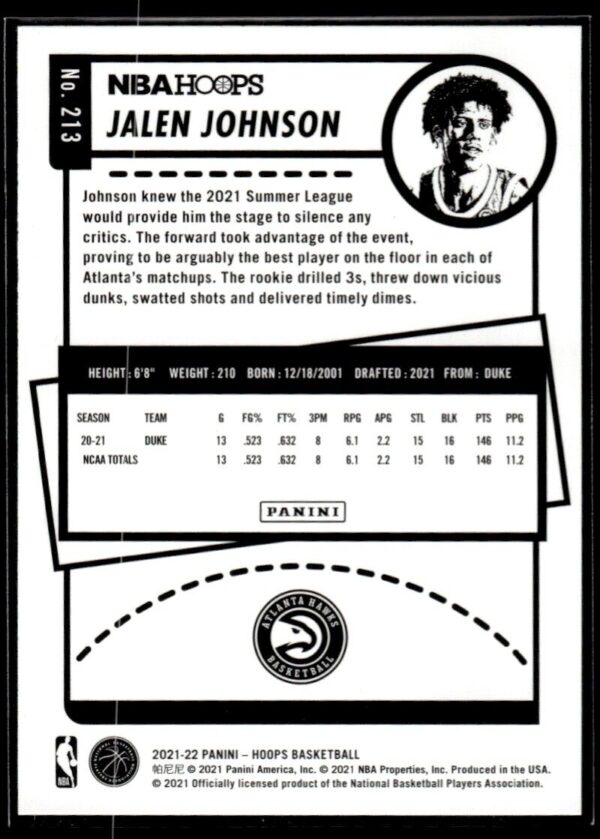 _10 2021 NBA Hoops Atlanta Hawks #213 Jalen Johnson RC Rookie