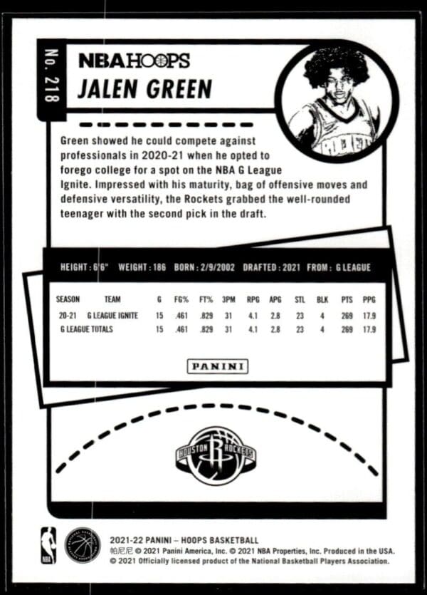 _10 2021 NBA Hoops Houston Rockets #218 Jalen Green RC Rookie