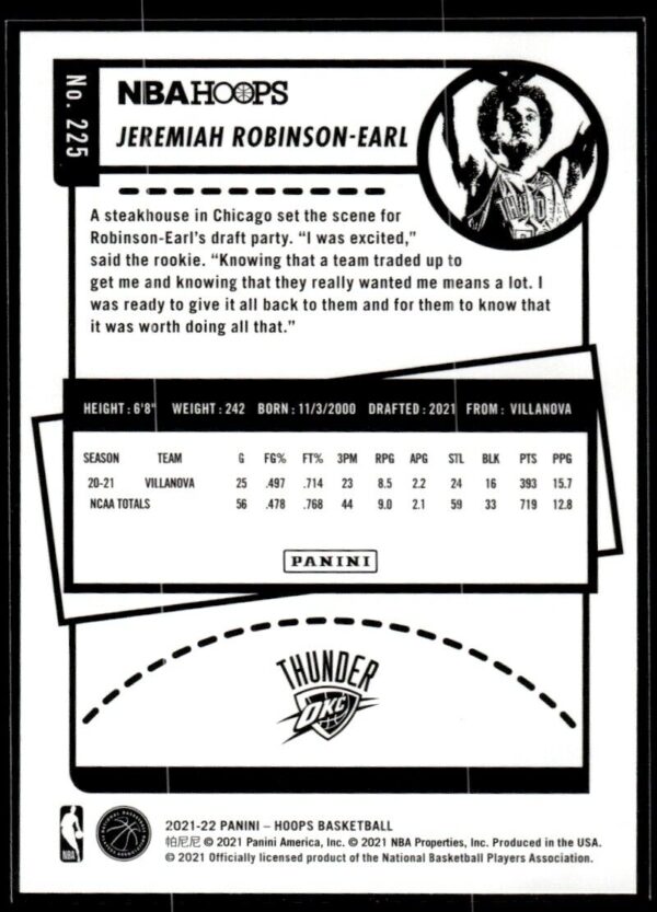 2021 NBA Hoops Oklahoma City Thunder #225 Jeremiah Robinson-Earl RC Rookie