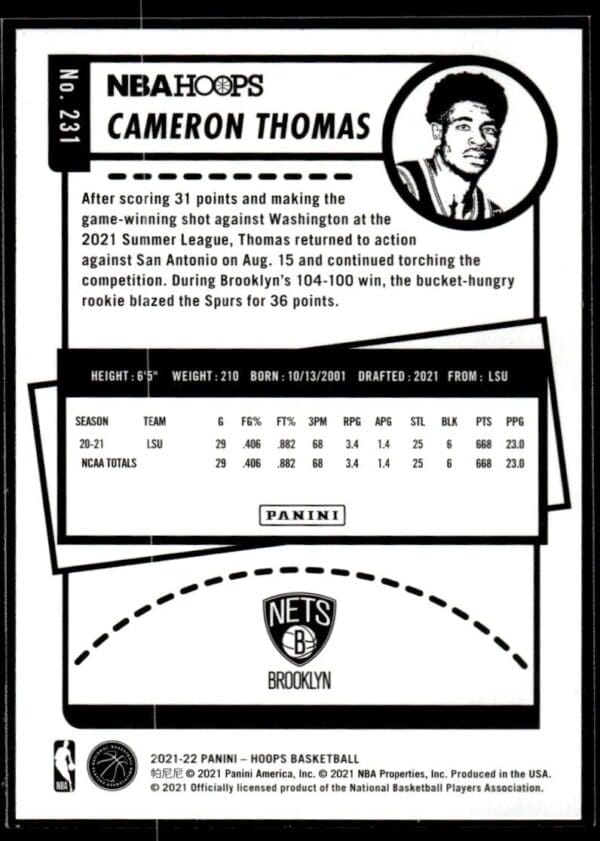 2021 NBA Hoops Brooklyn Nets #231 Cameron Thomas RC Rookie