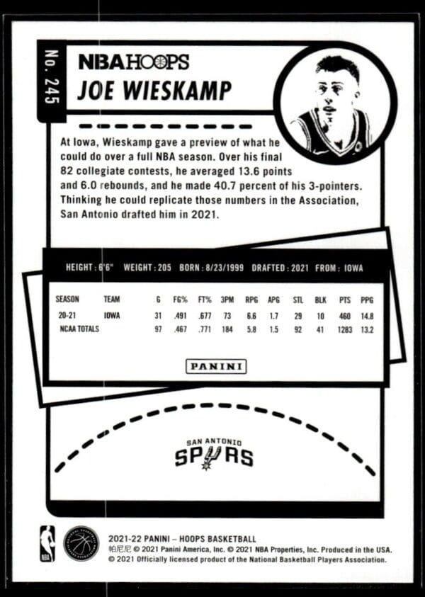_10 2021 NBA Hoops San Antonio Spurs #245 Joe Wieskamp RC Rookie