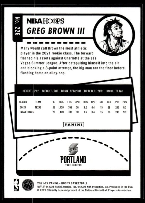 2021 NBA Hoops Portland Trail Blazers #226 Greg Brown III RC Rookie