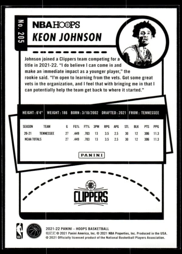 2021 NBA Hoops Los Angeles Clippers #205 Keon Johnson RC Rookie