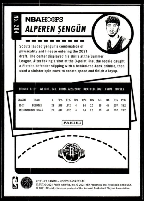 _10 2021 NBA Hoops Houston Rockets #204 Alperen Sengun RC Rookie