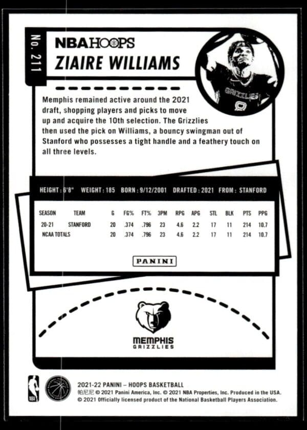 2021 NBA Hoops Memphis Grizzlies #211 Ziaire Williams RC Rookie