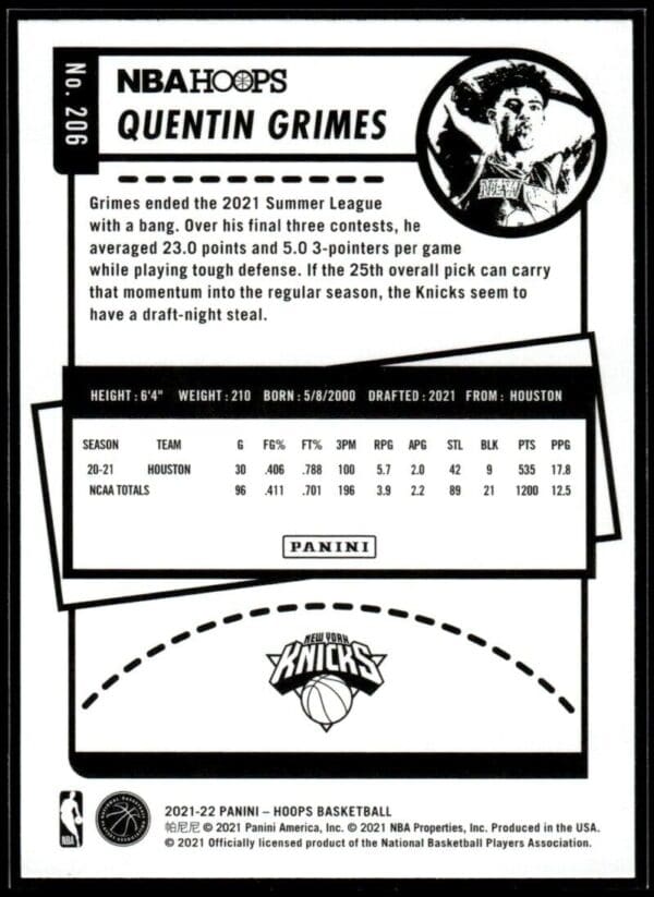 _10 2021 NBA Hoops New York Knicks #206 Quentin Grimes RC Rookie