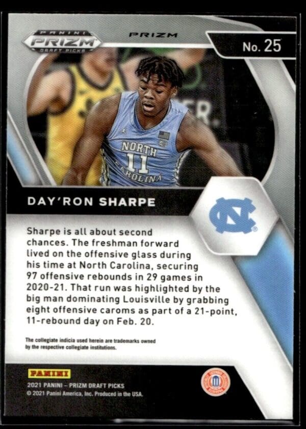 2021 Panini Prizm Draft Picks North Carolina Tar Heels #25 Day'Ron Sharpe RC Roo