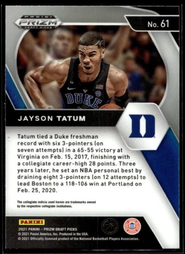 2021 Panini Prizm Draft Picks Duke Blue Devils #61 Jayson Tatum