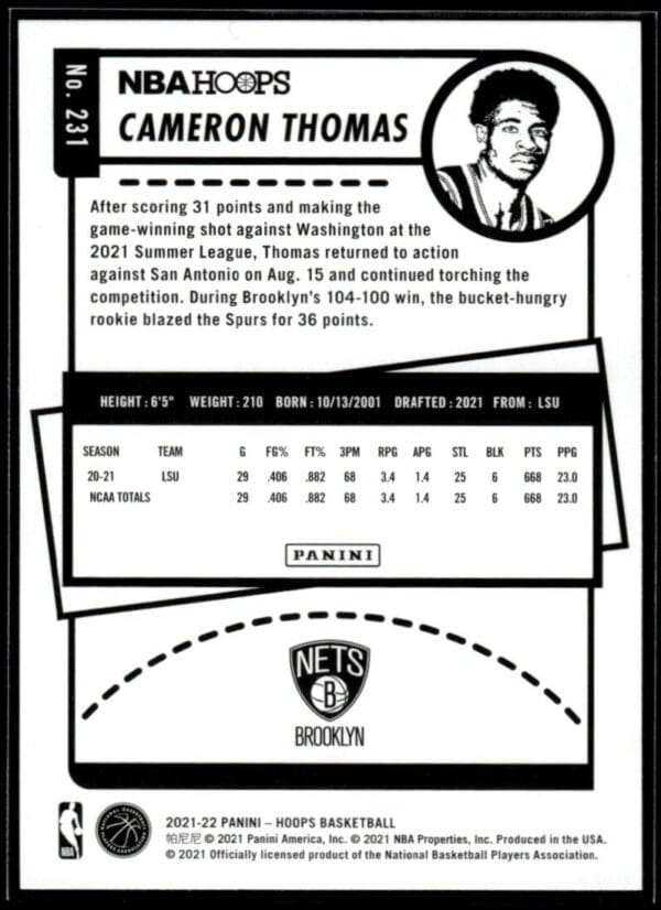 2021 NBA Hoops Brooklyn Nets #231 Cameron Thomas RC Rookie