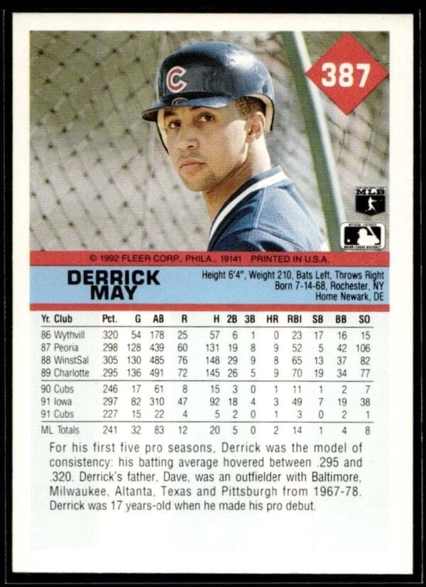 1992 Fleer Chicago Cubs #387 Derrick May