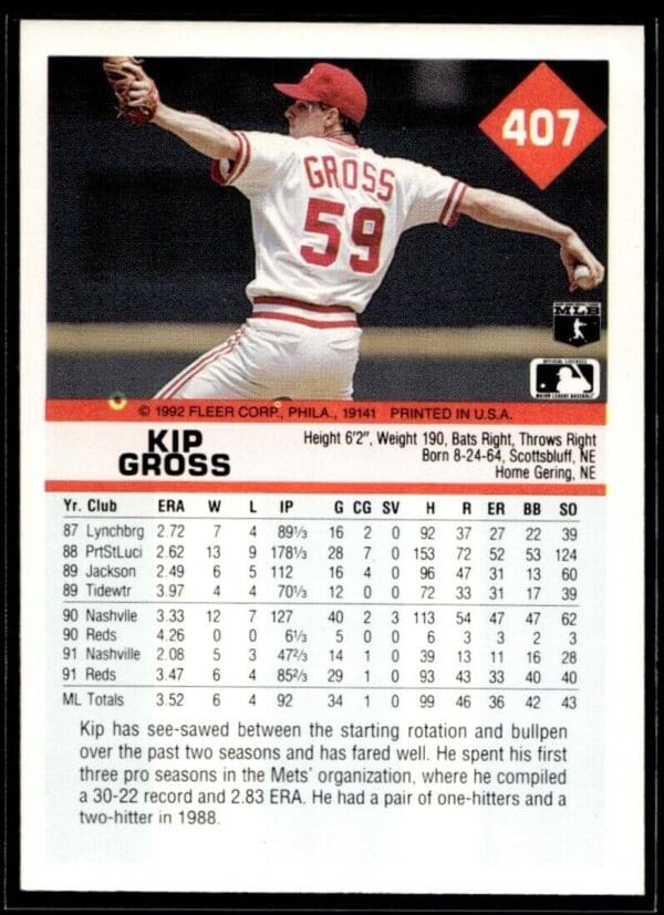 1992 Fleer Cincinnati Reds #407 Kip Gross