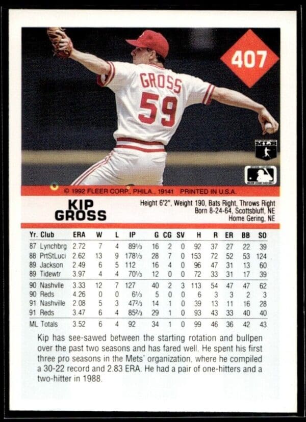 _10 1992 Fleer Cincinnati Reds #407 Kip Gross