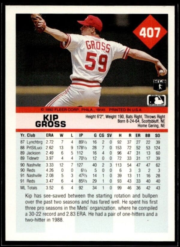 _10 1992 Fleer Cincinnati Reds #407 Kip Gross