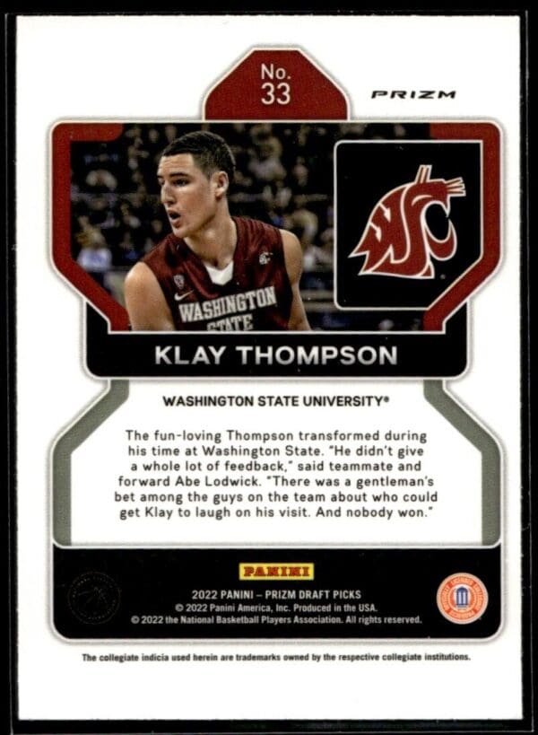 2022 Panini Prizm Draft Picks Washington State University #33 Klay Thompson Gree