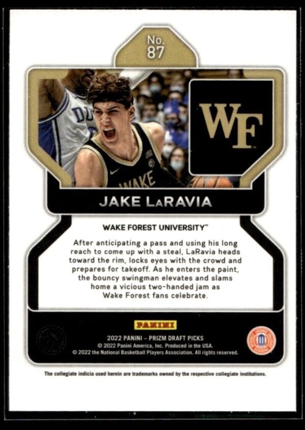 2022 Panini Prizm Draft Picks Wake Forest University #87 Jake LaRavia RC Rookie