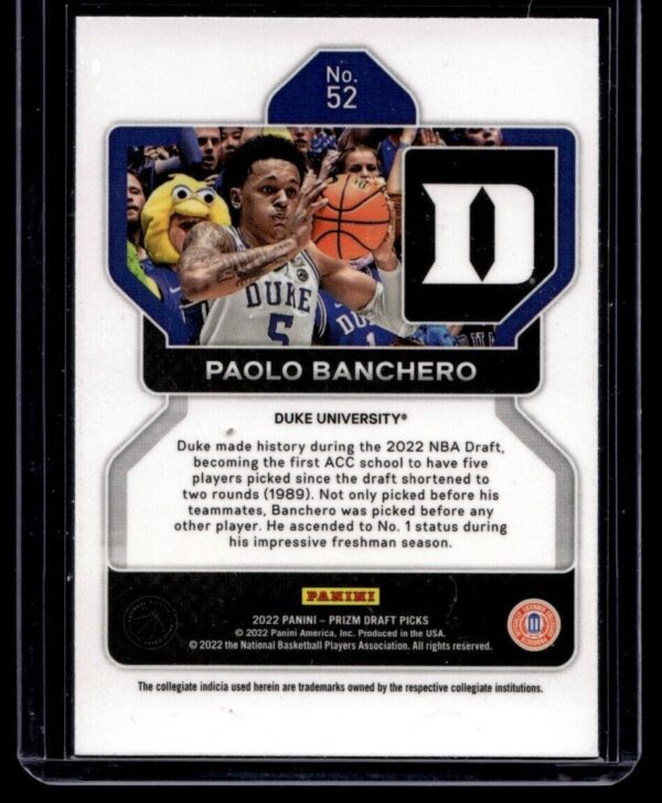 2022 Panini Prizm Draft Picks Duke University #52 Paolo Banchero RC Rookie