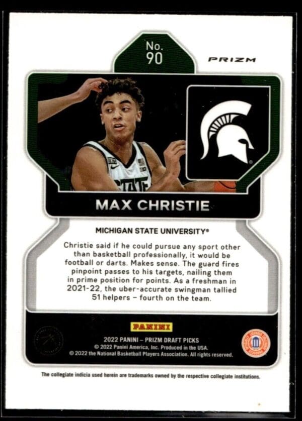 2022 Panini Prizm Draft Picks Michigan State University #90 Max Christie RC Rook