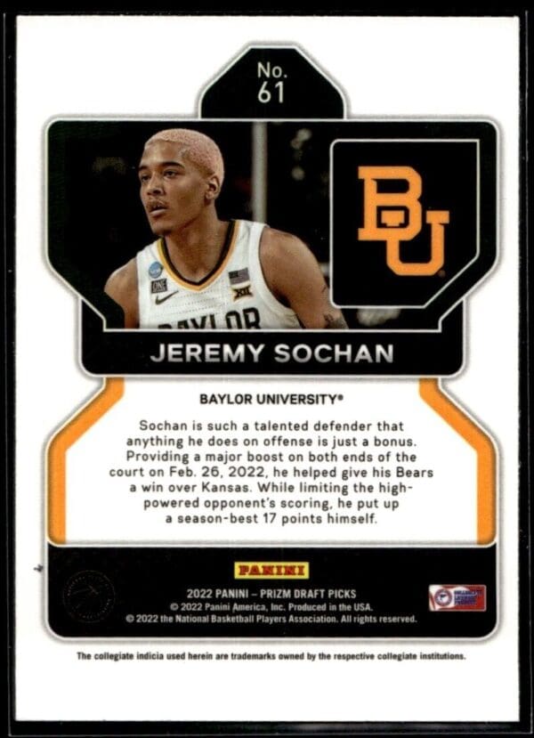2022 Panini Prizm Draft Picks Baylor University #61 Jeremy Sochan RC Rookie