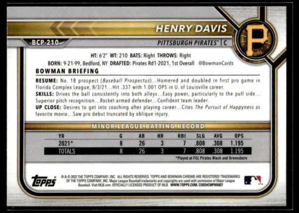 2022 Bowman Chrome Pittsburgh Pirates #BCP-210 Henry Davis