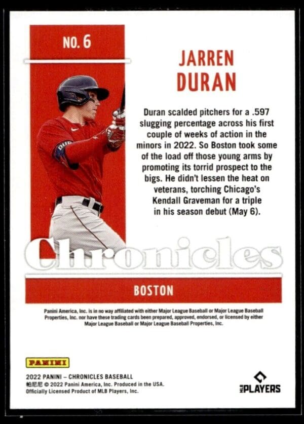 _10 2022 Panini Chronicles Boston Red Sox #6 Jarren Duran RC Rookie