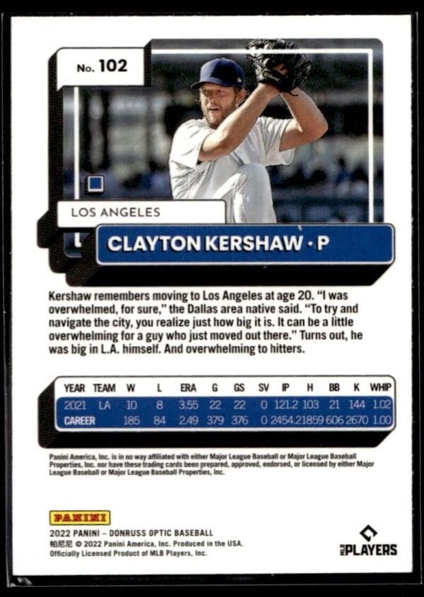 _10 2022 Donruss Optic Los Angeles Dodgers #102 Clayton Kershaw