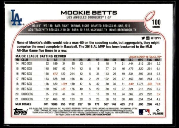 2022 Topps Chrome Los Angeles Dodgers #100 Mookie Betts