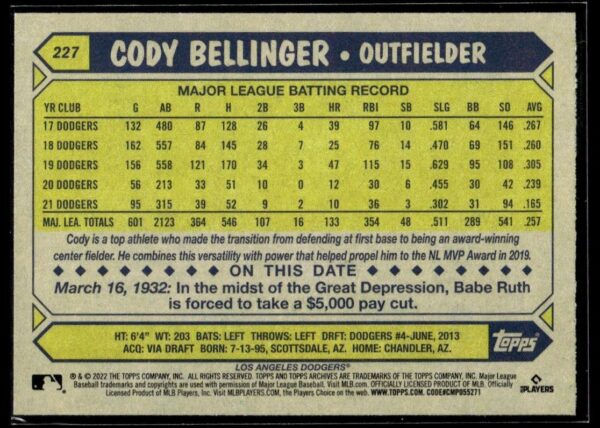 2022 Topps Archives Los Angeles Dodgers #227 Cody Bellinger
