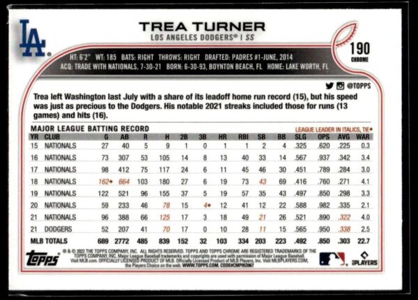 _10 2022 Topps Chrome Los Angeles Dodgers #190 Trea Turner