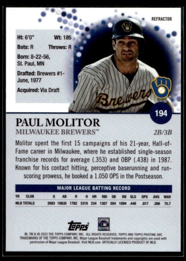 2022 Topps Pristine Milwaukee Brewers #194 Paul Molitor