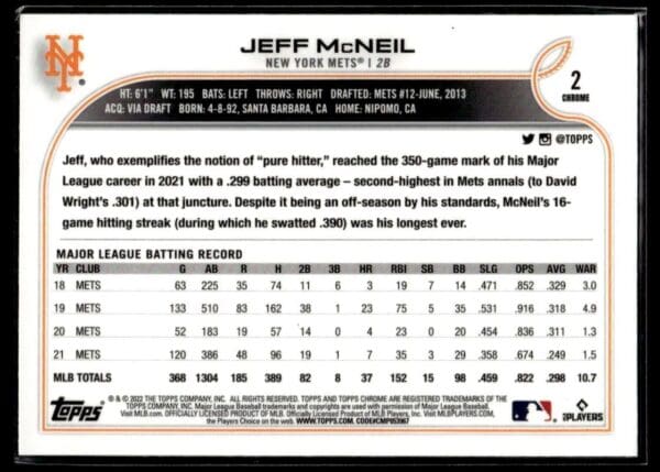 2022 Topps Chrome New York Mets #2 Jeff McNeil
