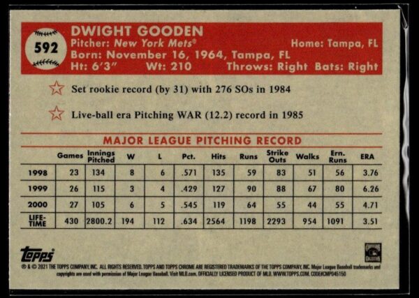 _10 2021 Topps Chrome Platinum Anniversary New York Mets #592 Dwight Gooden Autograp