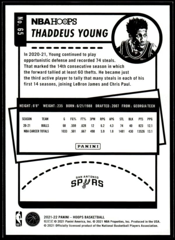 2021 Hoops San Antonio Spurs #65 Thaddeus Young Purple