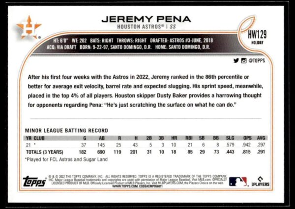 2022 Topps Holiday Houston Astros #HW129 Jeremy Pena RC Rookie