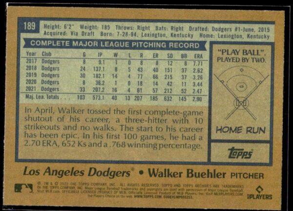 2022 Topps Archives Los Angeles Dodgers #189 Walker Buehler