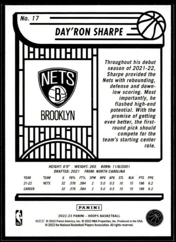 2022 Hoops Brooklyn Nets #17 Day'Ron Sharpe