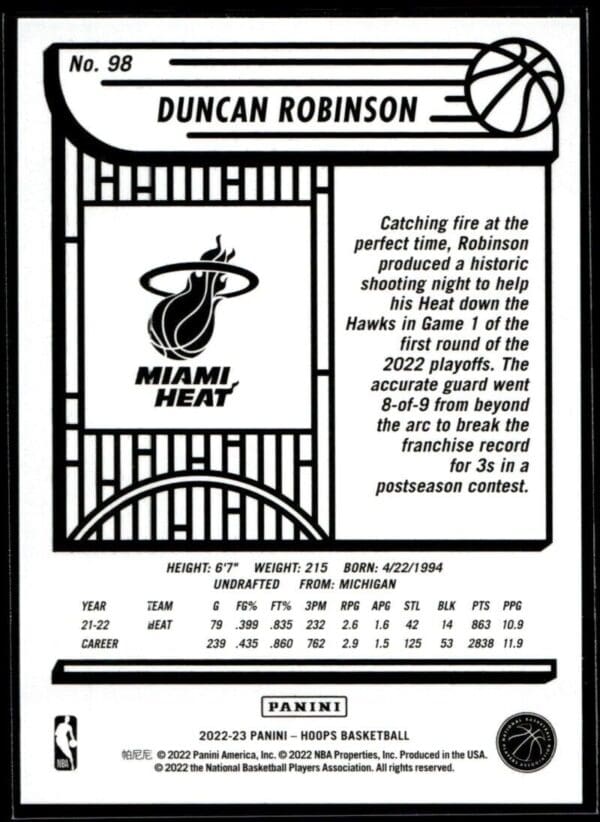 2022 Hoops Miami Heat #98 Duncan Robinson
