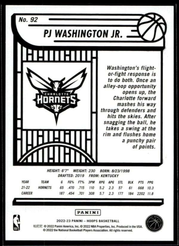 2022 Hoops Charlotte Hornets #92 PJ Washington Jr.