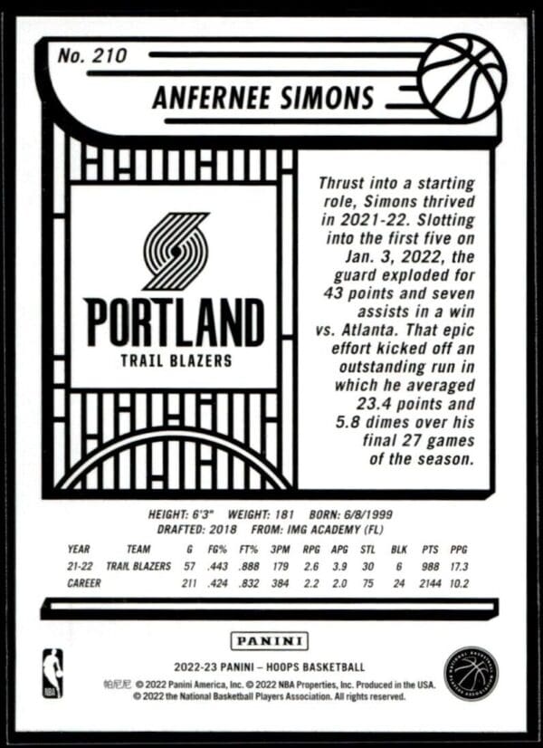 2022 Hoops Portland Trail Blazers #210 Anfernee Simons