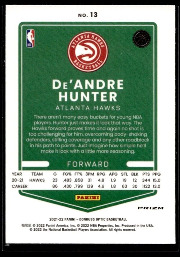 2021 Donruss Optic Atlanta Hawks #13 De'Andre Hunter Holo