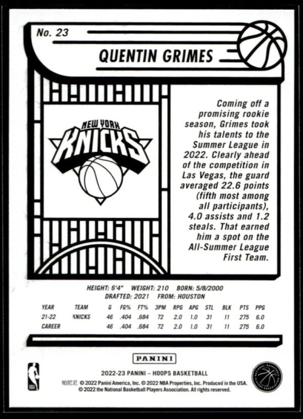 2022 Hoops New York Knicks #23 Quentin Grimes