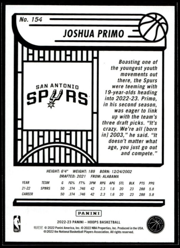 2022 Hoops San Antonio Spurs #154 Joshua Primo