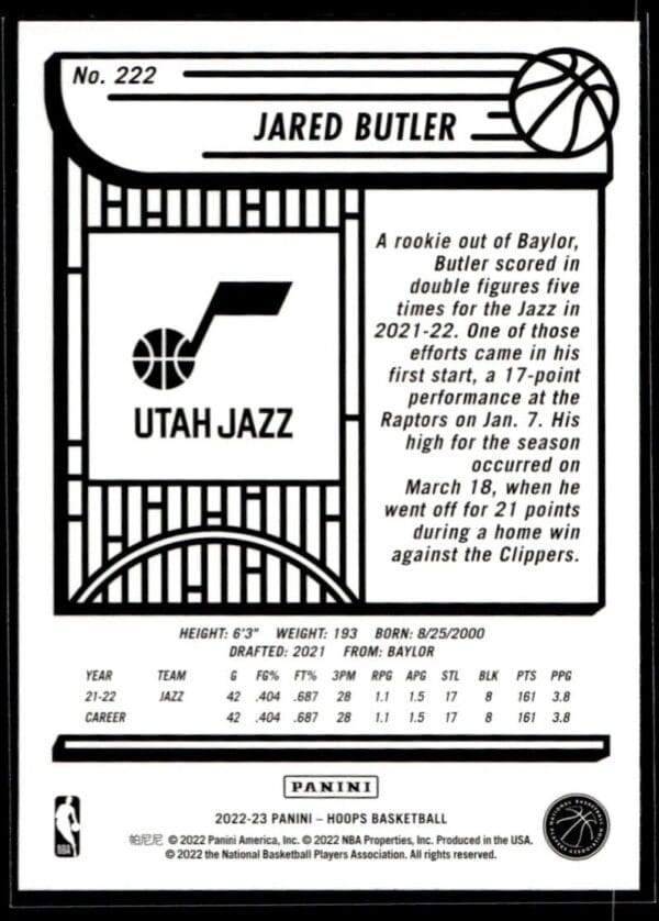2022 NBA Hoops Utah Jazz #222 Jared Butler