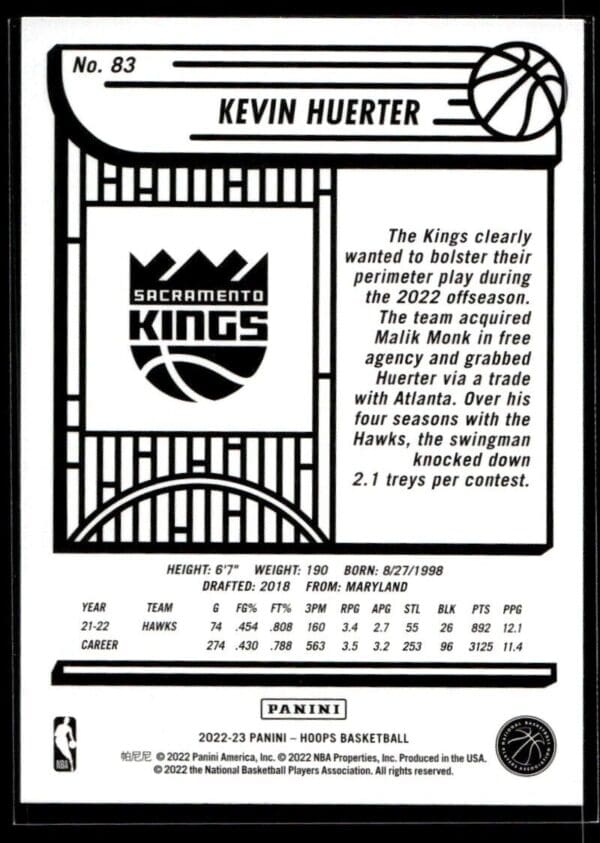 2022 NBA Hoops Sacramento Kings #83 Kevin Huerter
