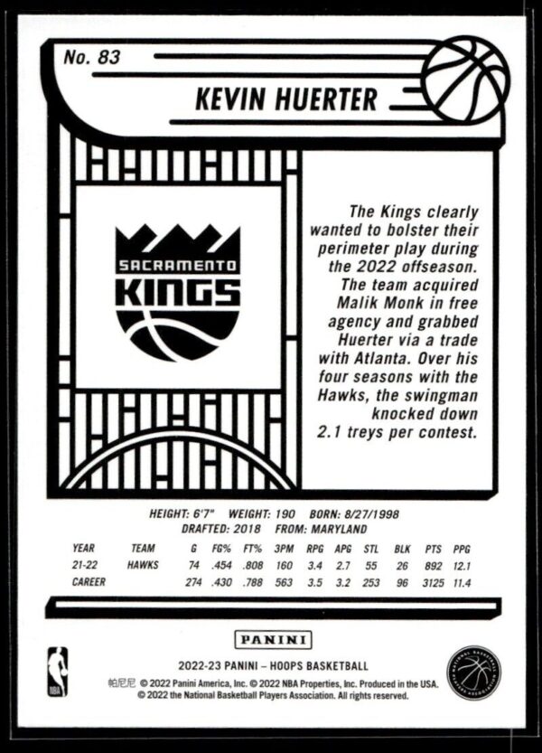 _10 2022 NBA Hoops Sacramento Kings #83 Kevin Huerter Blue