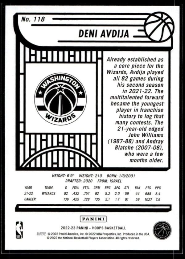 2022 NBA Hoops Washington Wizards #118 Deni Avdija