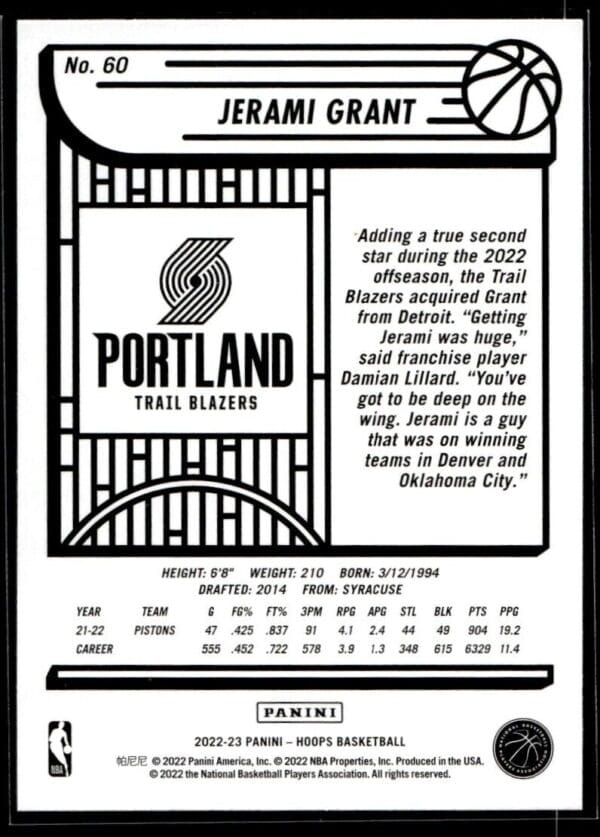 2022 NBA Hoops Portland Trail Blazers #60 Jerami Grant