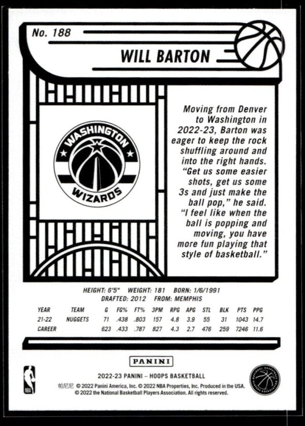2022 NBA Hoops Washington Wizards #188 Will Barton