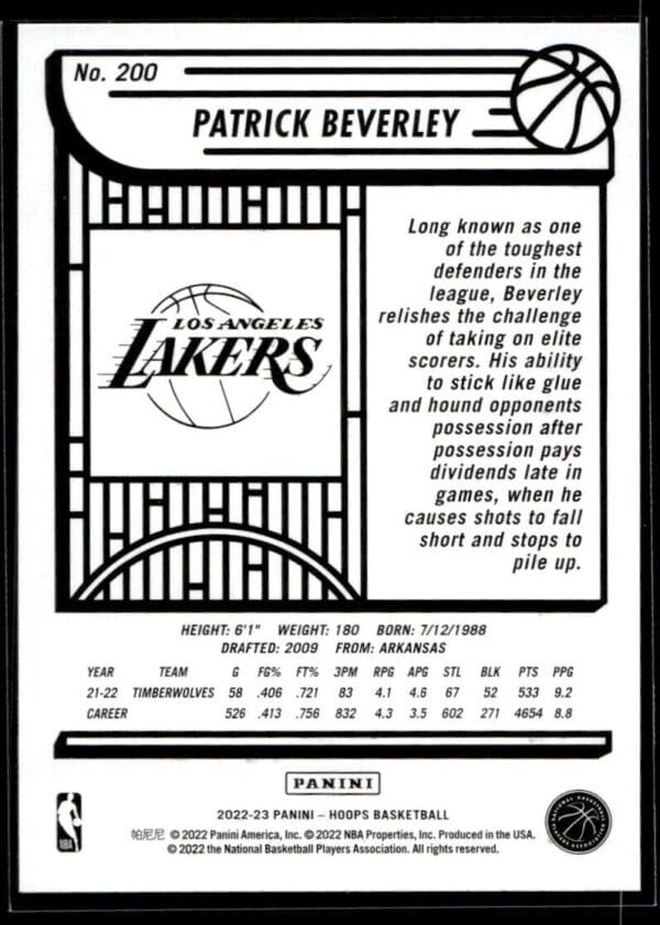 2022 NBA Hoops Los Angeles Lakers #200 Patrick Beverley