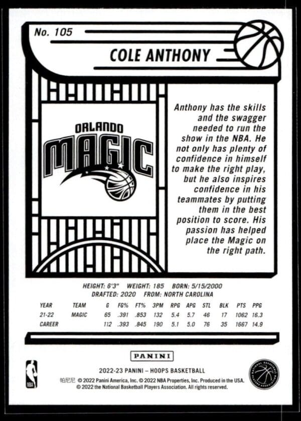 2022 NBA Hoops Orlando Magic #105 Cole Anthony