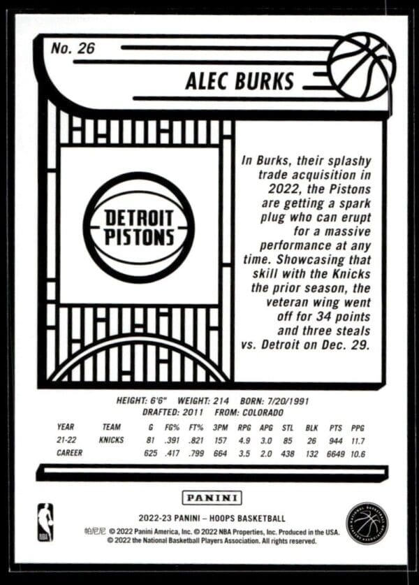 2022 NBA Hoops Detroit Pistons #26 Alec Burks